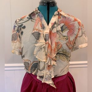 100% silk short-sleeved, sheer, ruffle-front floral Lauren blouse